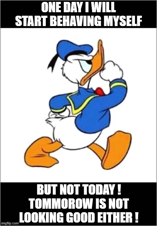 How I Feel ! | ONE DAY I WILL START BEHAVING MYSELF; BUT NOT TODAY !
TOMMOROW IS NOT LOOKING GOOD EITHER ! | image tagged in feelings,bad behaviour | made w/ Imgflip meme maker