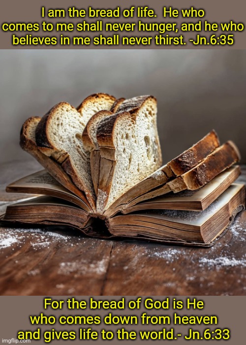 Give us this day our daily bread | I am the bread of life.  He who comes to me shall never hunger, and he who believes in me shall never thirst. -Jn.6:35; For the bread of God is He who comes down from heaven and gives life to the world.- Jn.6:33 | image tagged in the bible,scriptures,bread,life,jesus christ,christianity | made w/ Imgflip meme maker
