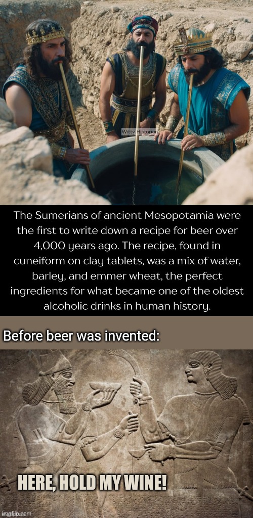 Beer beginnings | Before beer was invented:; HERE, HOLD MY WINE! | image tagged in ancient,sumerians,beer,inventors,hold my beer,wine | made w/ Imgflip meme maker