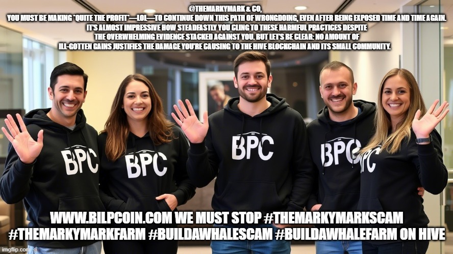 @THEMARKYMARK & CO,  
YOU MUST BE MAKING *QUITE THE PROFIT*—LOL—TO CONTINUE DOWN THIS PATH OF WRONGDOING, EVEN AFTER BEING EXPOSED TIME AND TIME AGAIN. IT’S ALMOST IMPRESSIVE HOW STEADFASTLY YOU CLING TO THESE HARMFUL PRACTICES DESPITE THE OVERWHELMING EVIDENCE STACKED AGAINST YOU. BUT LET’S BE CLEAR: NO AMOUNT OF ILL-GOTTEN GAINS JUSTIFIES THE DAMAGE YOU’RE CAUSING TO THE HIVE BLOCKCHAIN AND ITS SMALL COMMUNITY. WWW.BILPCOIN.COM WE MUST STOP #THEMARKYMARKSCAM #THEMARKYMARKFARM #BUILDAWHALESCAM #BUILDAWHALEFARM ON HIVE | made w/ Imgflip meme maker