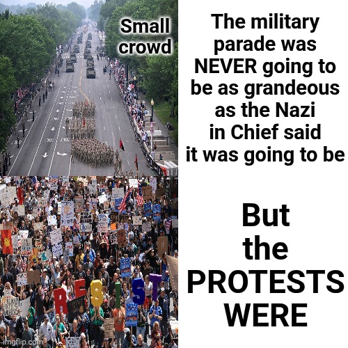 Oh, Yeah! | Small crowd; But the PROTESTS WERE; The military parade was NEVER going to be as grandeous as the Nazi in Chief said it was going to be | image tagged in memes,drake hotline bling,protests,americans hate trump,lock him up,trump is a convicted rapist | made w/ Imgflip meme maker