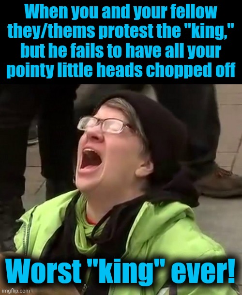 Crying liberal | When you and your fellow
they/thems protest the "king,"
but he fails to have all your
pointy little heads chopped off; Worst "king" ever! | image tagged in crying liberal,memes,no kings,democrats,riots,trump derangement syndrome | made w/ Imgflip meme maker