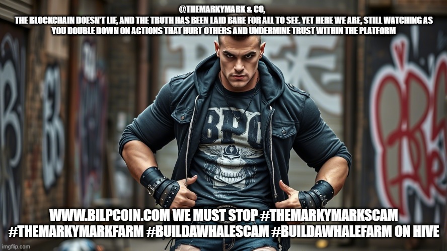@THEMARKYMARK & CO,  
THE BLOCKCHAIN DOESN’T LIE, AND THE TRUTH HAS BEEN LAID BARE FOR ALL TO SEE. YET HERE WE ARE, STILL WATCHING AS YOU DOUBLE DOWN ON ACTIONS THAT HURT OTHERS AND UNDERMINE TRUST WITHIN THE PLATFORM; WWW.BILPCOIN.COM WE MUST STOP #THEMARKYMARKSCAM #THEMARKYMARKFARM #BUILDAWHALESCAM #BUILDAWHALEFARM ON HIVE | made w/ Imgflip meme maker