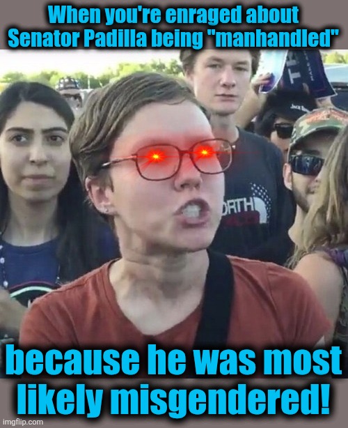With 74 genders in play, the odds are good | When you're enraged about
Senator Padilla being "manhandled"; because he was most
likely misgendered! | image tagged in triggered feminist,memes,alex padilla,manhandled,democrats,misgendered | made w/ Imgflip meme maker