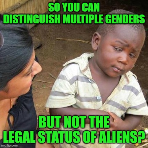 Seems Legit | SO YOU CAN DISTINGUISH MULTIPLE GENDERS; BUT NOT THE LEGAL STATUS OF ALIENS? | image tagged in memes,third world skeptical kid | made w/ Imgflip meme maker