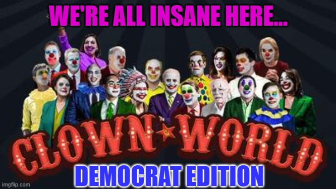 DEMOCRATS clown world | WE'RE ALL INSANE HERE... DEMOCRAT EDITION | image tagged in democrats clown world | made w/ Imgflip meme maker