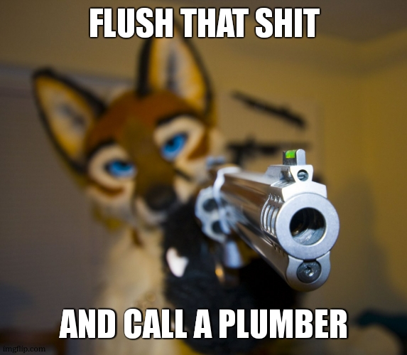 Furry with gun | FLUSH THAT SHIT AND CALL A PLUMBER | image tagged in furry with gun | made w/ Imgflip meme maker
