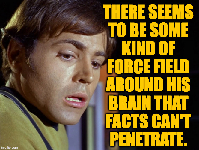 THERE SEEMS
TO BE SOME
KIND OF
FORCE FIELD
AROUND HIS
BRAIN THAT
FACTS CAN'T
PENETRATE. | made w/ Imgflip meme maker