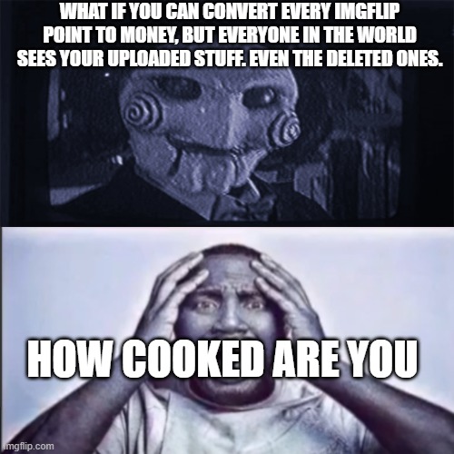 . | WHAT IF YOU CAN CONVERT EVERY IMGFLIP POINT TO MONEY, BUT EVERYONE IN THE WORLD SEES YOUR UPLOADED STUFF. EVEN THE DELETED ONES. HOW COOKED ARE YOU | image tagged in yo final challenge | made w/ Imgflip meme maker