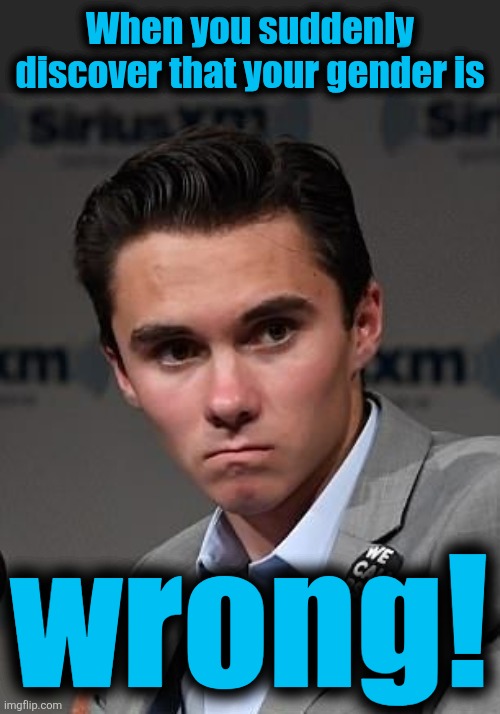 David Hogg removed from his position at the DNC because his gender is WRONG | When you suddenly discover that your gender is; wrong! | image tagged in david hogg shill,memes,democrats,discrimination,sexism,hypocrisy | made w/ Imgflip meme maker