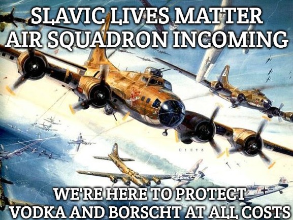 World War 2 B-17 | SLAVIC LIVES MATTER AIR SQUADRON INCOMING; WE'RE HERE TO PROTECT VODKA AND BORSCHT AT ALL COSTS | image tagged in world war 2 b-17,slavic lives matter | made w/ Imgflip meme maker