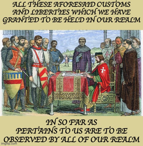 815 years ago today the Magna Carta limited royal power. What a great idea! | ALL THESE AFORESAID CUSTOMS AND LIBERTIES WHICH WE HAVE GRANTED TO BE HELD IN OUR REALM; IN SO FAR AS
PERTAINS TO US ARE TO BE OBSERVED BY ALL OF OUR REALM | image tagged in magna carta,kings,no kings | made w/ Imgflip meme maker
