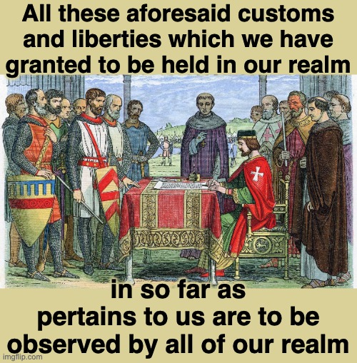 Let's hear it for stopping royal power grabs: Happy birthday to the Magna Carta! | All these aforesaid customs and liberties which we have granted to be held in our realm; in so far as
pertains to us are to be observed by all of our realm | image tagged in magna carta,trump,kings,no kings | made w/ Imgflip meme maker