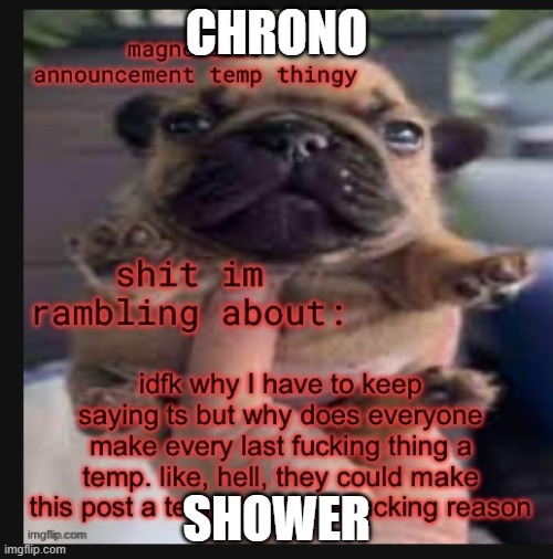 What people use to masturbate in here Part 1 (no hate) | CHRONO; SHOWER | image tagged in template godly wow | made w/ Imgflip meme maker