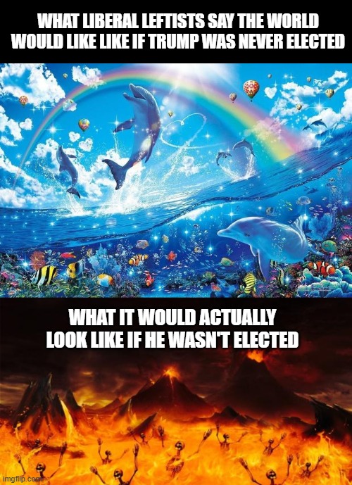 Get Your Narrative Right | WHAT LIBERAL LEFTISTS SAY THE WORLD WOULD LIKE LIKE IF TRUMP WAS NEVER ELECTED; WHAT IT WOULD ACTUALLY LOOK LIKE IF HE WASN'T ELECTED | image tagged in happy dolphin rainbow,hell | made w/ Imgflip meme maker