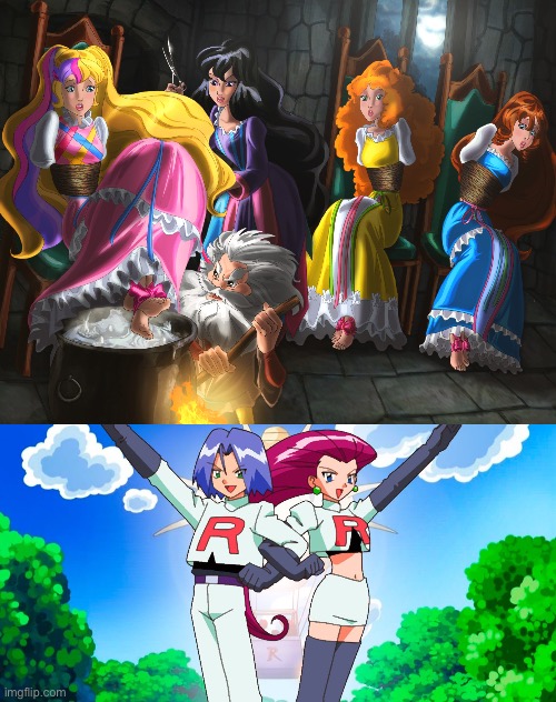 Team Rocket saves Lady Lovely Locks and Her Friends | image tagged in team rocket,pokemon,anime,80s,nostalgia,nintendo | made w/ Imgflip meme maker