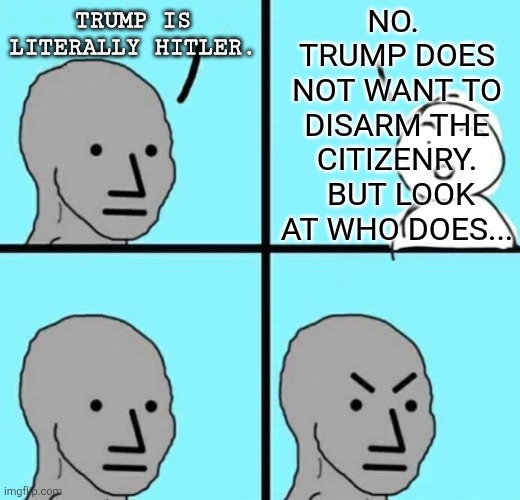 Angry npc wojak | TRUMP IS LITERALLY HITLER. NO.  TRUMP DOES NOT WANT TO DISARM THE CITIZENRY.  BUT LOOK AT WHO DOES... | image tagged in angry npc wojak | made w/ Imgflip meme maker
