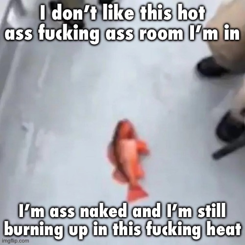 I miss winter | I don’t like this hot ass fucking ass room I’m in; I’m ass naked and I’m still burning up in this fucking heat | image tagged in jimmy here fish | made w/ Imgflip meme maker