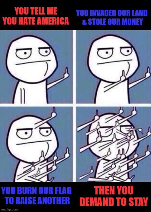 Middle Finger | YOU INVADED OUR LAND 
& STOLE OUR MONEY; YOU TELL ME YOU HATE AMERICA; YOU BURN OUR FLAG 
TO RAISE ANOTHER; THEN YOU DEMAND TO STAY | image tagged in middle finger,immigration,protests,america | made w/ Imgflip meme maker