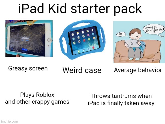 Blank White Template | iPad Kid starter pack; Greasy screen; Average behavior; Weird case; Plays Roblox and other crappy games; Throws tantrums when iPad is finally taken away | image tagged in blank white template | made w/ Imgflip meme maker