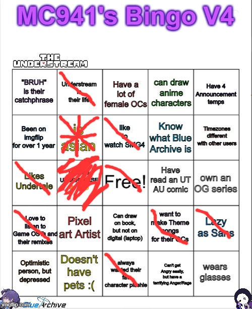 w for watching underverse | image tagged in mc941's bingo v4 | made w/ Imgflip meme maker