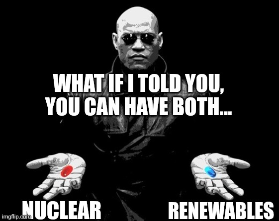 morpheus matrix blue pill red pill | WHAT IF I TOLD YOU, YOU CAN HAVE BOTH... RENEWABLES; NUCLEAR | image tagged in morpheus matrix blue pill red pill | made w/ Imgflip meme maker