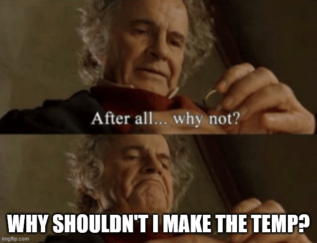 After all.. why not? | WHY SHOULDN'T I MAKE THE TEMP? | image tagged in after all why not | made w/ Imgflip meme maker