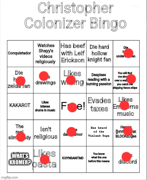 BINGO! | WHAT’S KROMER? | image tagged in christopher colonizer bingo | made w/ Imgflip meme maker