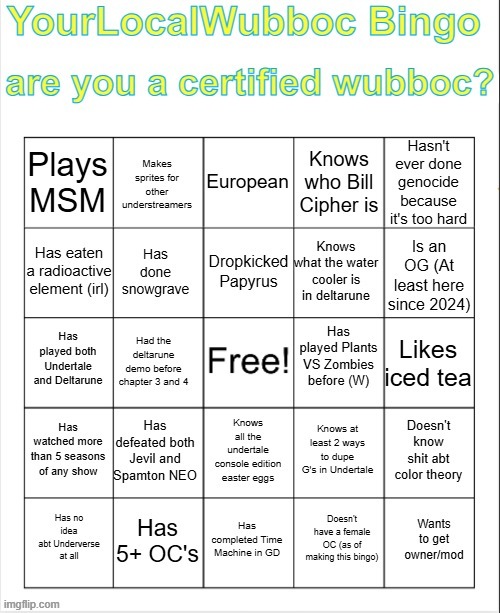 This works like a normal bingo but comment your marked bingo on this post. The temp name is YourLocalWubboc Bingo v1 | image tagged in yourlocalwubboc bingo v1 | made w/ Imgflip meme maker