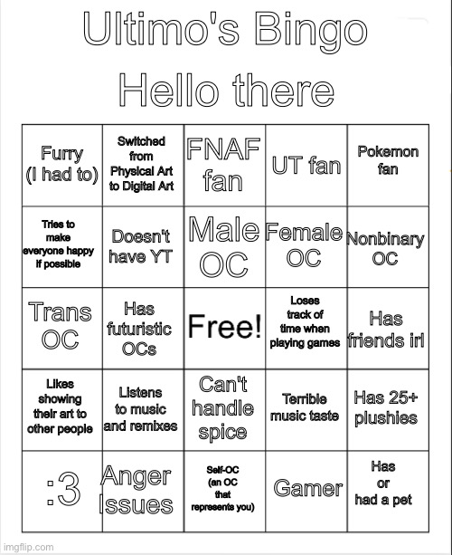 My Bingo | Hello there; Ultimo's Bingo; FNAF fan; Switched from Physical Art to Digital Art; Pokemon fan; Furry (I had to); UT fan; Male OC; Tries to make everyone happy if possible; Nonbinary OC; Female OC; Doesn't have YT; Loses track of time when playing games; Trans OC; Has friends irl; Has futuristic OCs; Likes showing their art to other people; Listens to music and remixes; Has 25+ plushies; Terrible music taste; Can't handle spice; Has or had a pet; Anger Issues; :3; Self-OC (an OC that represents you); Gamer | image tagged in blank bingo | made w/ Imgflip meme maker