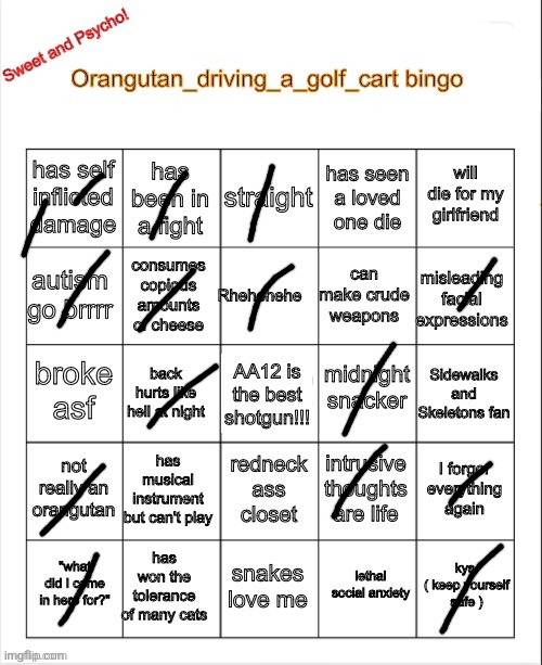 Orangutan_driving_a_golf_cart bingo | image tagged in orangutan_driving_a_golf_cart bingo | made w/ Imgflip meme maker