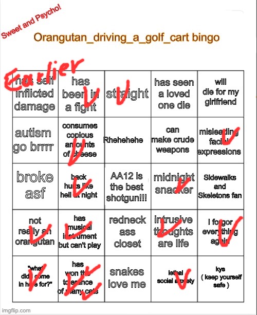 Orangutan_driving_a_golf_cart bingo | image tagged in orangutan_driving_a_golf_cart bingo | made w/ Imgflip meme maker