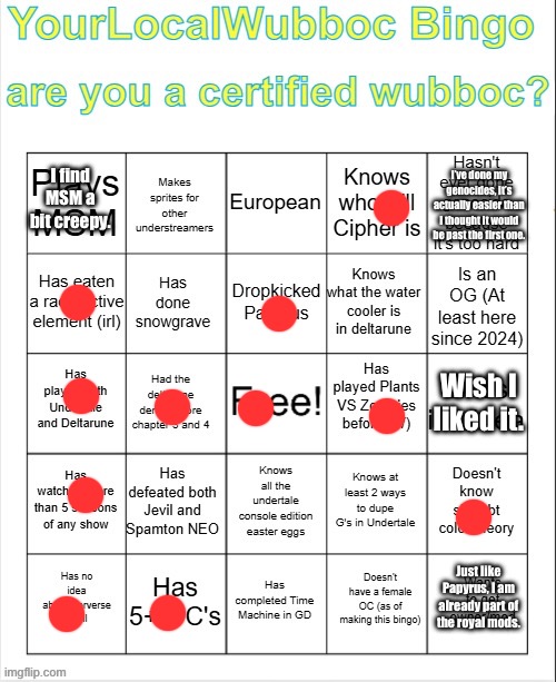 Updated. | I find MSM a bit creepy. I’ve done my genocides, it’s actually easier than I thought it would be past the first one. Wish I liked it. Just like Papyrus, I am already part of the royal mods. | image tagged in yourlocalwubboc bingo v1 | made w/ Imgflip meme maker