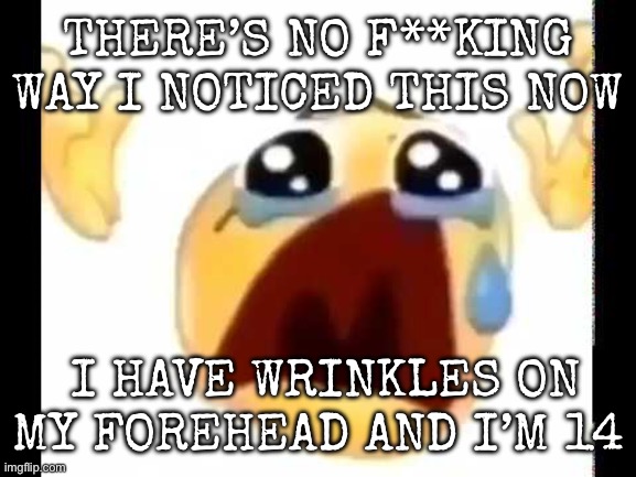 GOD F**KING DAMN IT | THERE’S NO F**KING WAY I NOTICED THIS NOW; I HAVE WRINKLES ON MY FOREHEAD AND I’M 14 | image tagged in cursed crying emoji | made w/ Imgflip meme maker