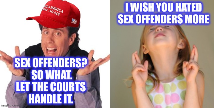 I WISH YOU HATED SEX OFFENDERS MORE SEX OFFENDERS? 
SO WHAT.
LET THE COURTS 
HANDLE IT. | image tagged in jerry seinfeld whats the deal,fingers crossed | made w/ Imgflip meme maker