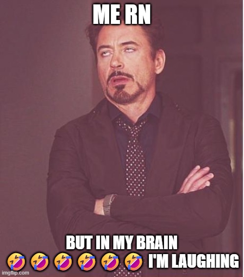 Face You Make Robert Downey Jr Meme | ME RN BUT IN MY BRAIN ?????? I'M LAUGHING | image tagged in memes,face you make robert downey jr | made w/ Imgflip meme maker