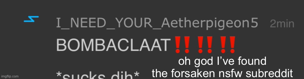 BOMBACLAAT!!!!!! | oh god I’ve found the forsaken nsfw subreddit | image tagged in bombaclaat | made w/ Imgflip meme maker