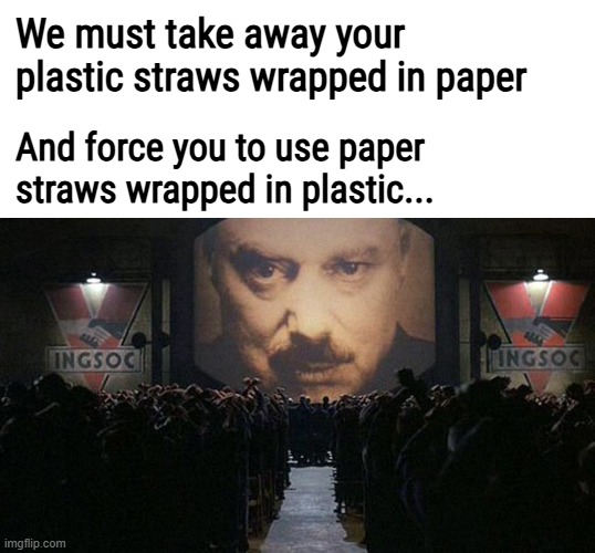 1984 | We must take away your plastic straws wrapped in paper; And force you to use paper straws wrapped in plastic... | image tagged in 1984 | made w/ Imgflip meme maker
