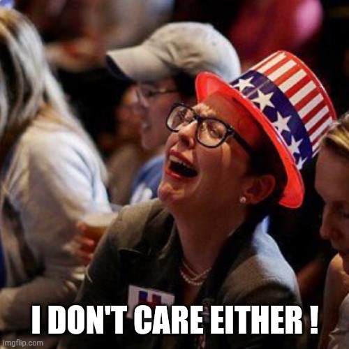 Crying Democrat | I DON'T CARE EITHER ! | image tagged in crying democrat | made w/ Imgflip meme maker
