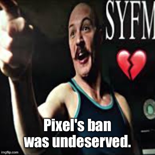 Like seriously all she posted was anime and you banned her | Pixel's ban was undeserved. | image tagged in charles bronson syfm | made w/ Imgflip meme maker