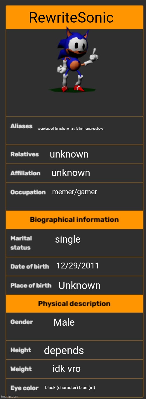 Wiki infobox template | RewriteSonic; scorpiongod, funnyboneman, fatherfrombreadboys; unknown; unknown; memer/gamer; single; 12/29/2011; Unknown; Male; depends; idk vro; black (character) blue (irl) | image tagged in wiki infobox template | made w/ Imgflip meme maker