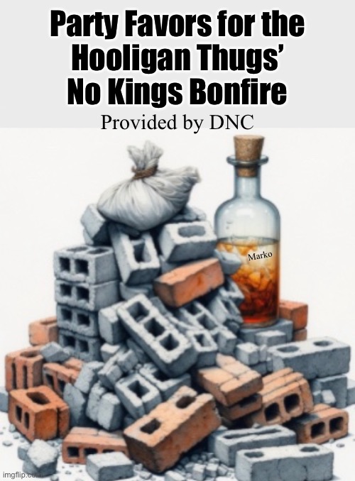 The DNC Provides For Their Constituents | Party Favors for the
Hooligan Thugs’
No Kings Bonfire; Provided by DNC; Marko | image tagged in memes,lefty bizarro world,who wants to live in a world of childish thug criminals,yall punkbitches can kissmyass | made w/ Imgflip meme maker