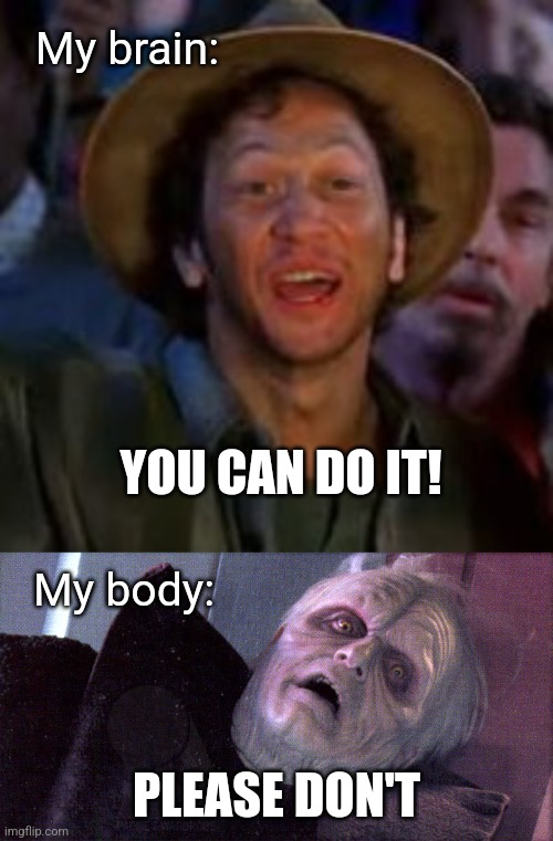 My brain: PLEASE DON'T YOU CAN DO IT! My body: | image tagged in you can do it,palpatine please dont | made w/ Imgflip meme maker