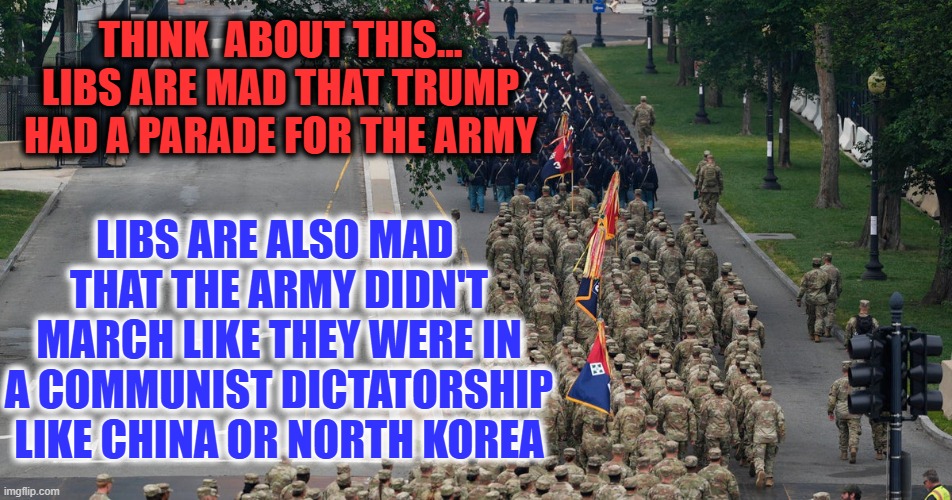 Incapable of Thought | THINK  ABOUT THIS... LIBS ARE MAD THAT TRUMP HAD A PARADE FOR THE ARMY; LIBS ARE ALSO MAD 
THAT THE ARMY DIDN'T MARCH LIKE THEY WERE IN A COMMUNIST DICTATORSHIP LIKE CHINA OR NORTH KOREA | image tagged in army parade,trump | made w/ Imgflip meme maker