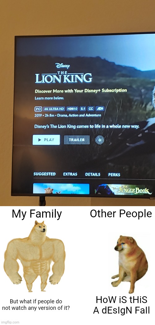 My Family; Other People; But what if people do not watch any version of it? HoW iS tHiS A dEsIgN FaIl | image tagged in memes,buff doge vs cheems | made w/ Imgflip meme maker