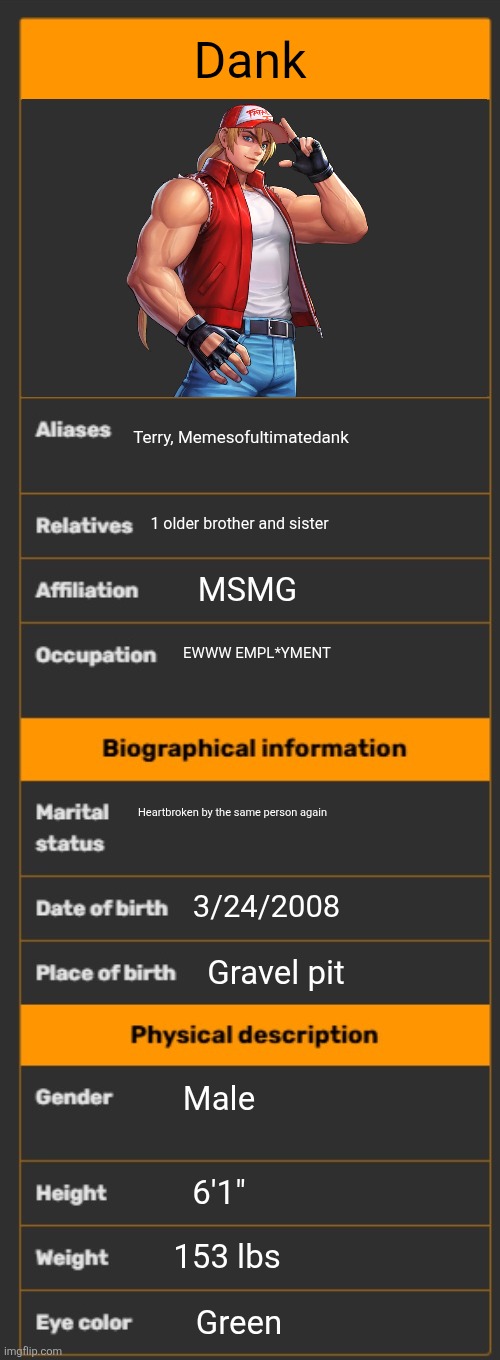 Wiki infobox template | Dank; Terry, Memesofultimatedank; 1 older brother and sister; MSMG; EWWW EMPL*YMENT; Heartbroken by the same person again; 3/24/2008; Gravel pit; Male; 6'1"; 153 lbs; Green | image tagged in wiki infobox template | made w/ Imgflip meme maker