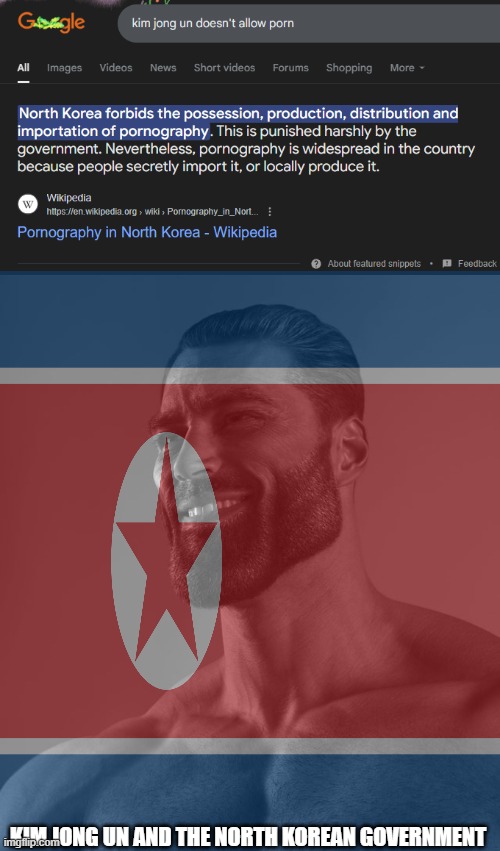 Rare DPRK W (as evil as north korea is, they did acted like gigachads for banning porn) | KIM JONG UN AND THE NORTH KOREAN GOVERNMENT | image tagged in giga chad,north korea | made w/ Imgflip meme maker