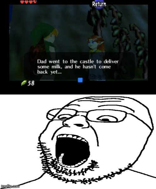 Possible origin of "dad went to get some milk but never came back" meme? | image tagged in milk,dad,legend of zelda,ocarina of time,conspiracy theory,why are you reading the tags | made w/ Imgflip meme maker