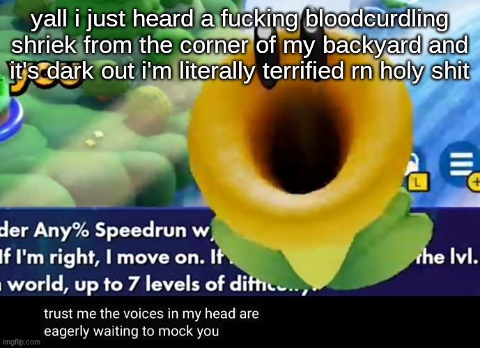 trust me the voices in my head are eagerly waiting to mock you | yall i just heard a fucking bloodcurdling shriek from the corner of my backyard and it's dark out i'm literally terrified rn holy shit | image tagged in trust me the voices in my head are eagerly waiting to mock you | made w/ Imgflip meme maker
