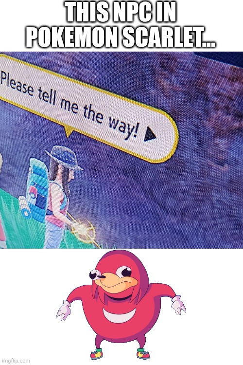 DO U KNOW DAE WAE??? | THIS NPC IN POKEMON SCARLET... | image tagged in pokemon,ugandan knuckles | made w/ Imgflip meme maker